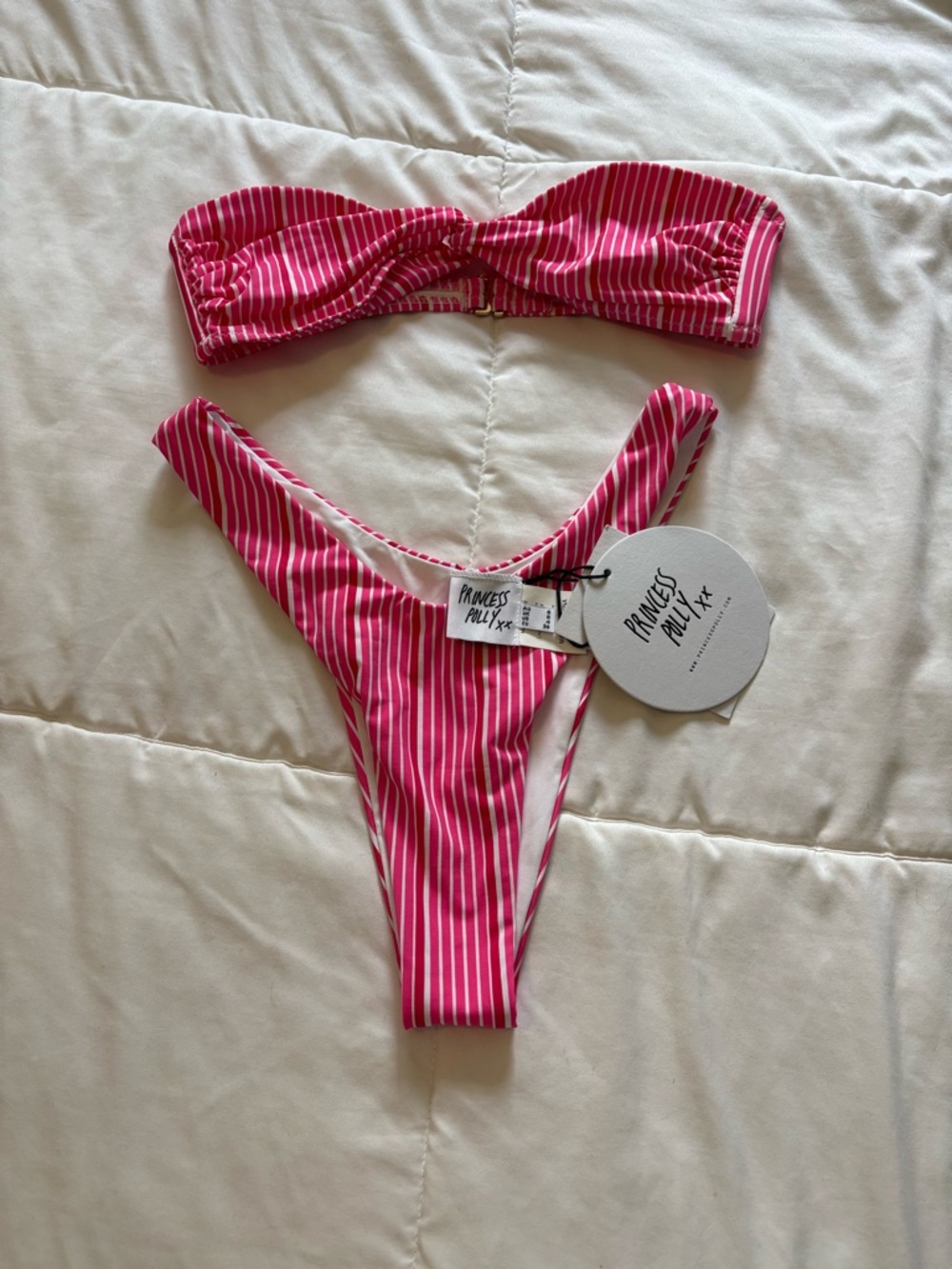 Princess Polly Nevaeh Bikini Bottoms Pink Stripe Bandeau Two Piece Set Size US 4
